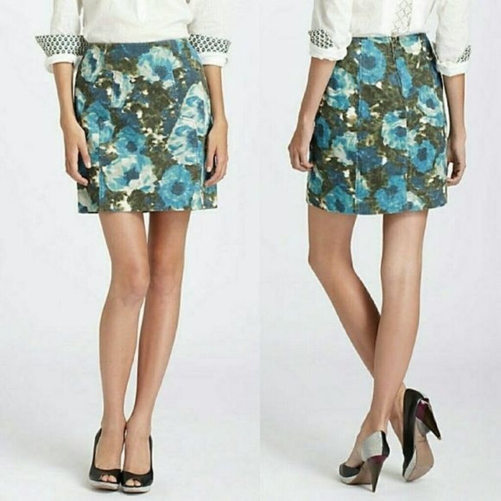 Boho ANTHROPOLOGIE Womens Mini Skirt 6 S Blue Green Corduroy Floral Watercolor